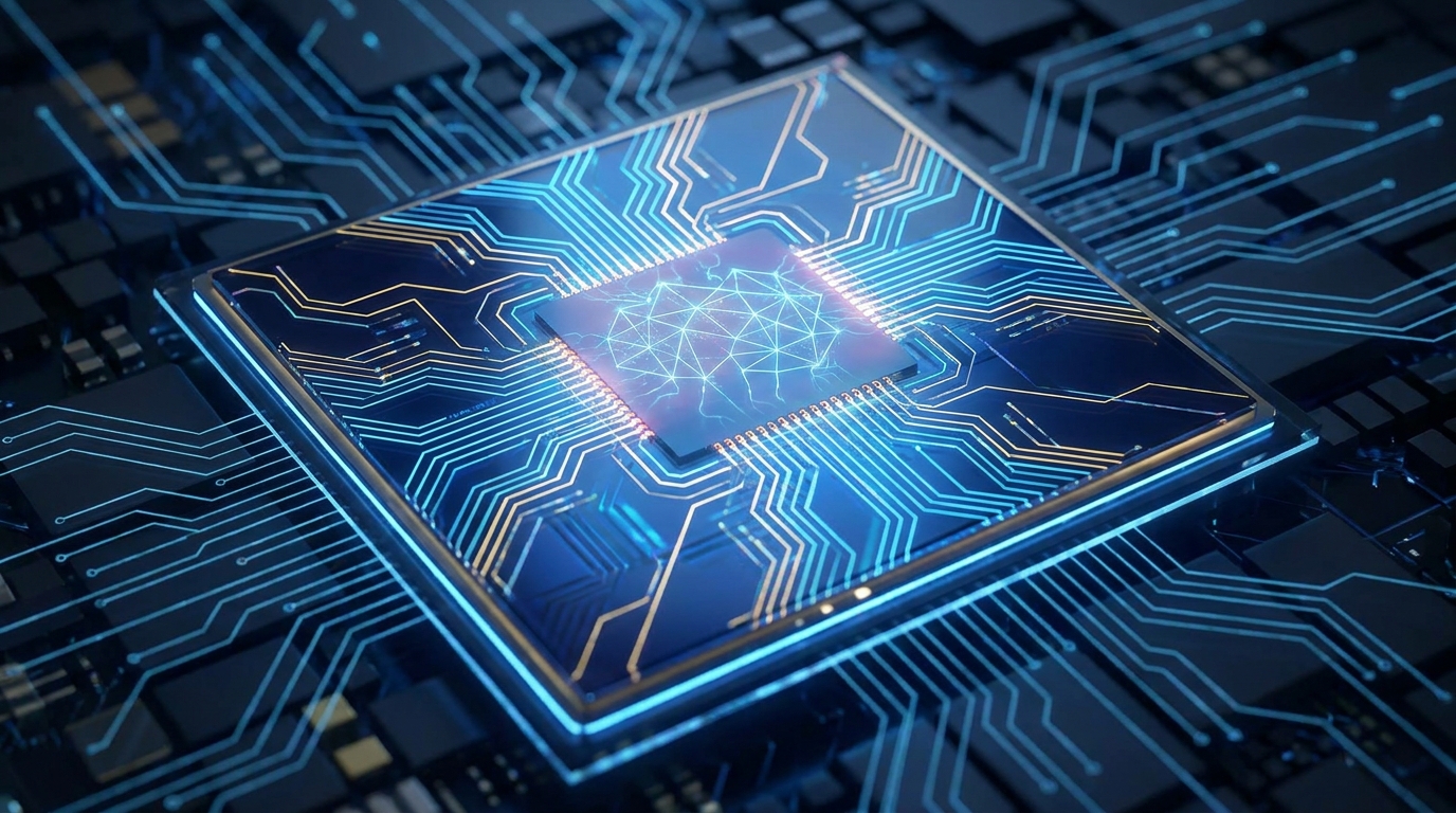 Uma visão macro de um microprocessador central com linhas de circuito intrincadas e brilhantes em tons de azul e amarelo sobre um fundo escuro. O chip central possui uma superfície azul-escura reflexiva, destacando a complexidade e a sofisticação da tecnologia por trás da inteligência artificial.