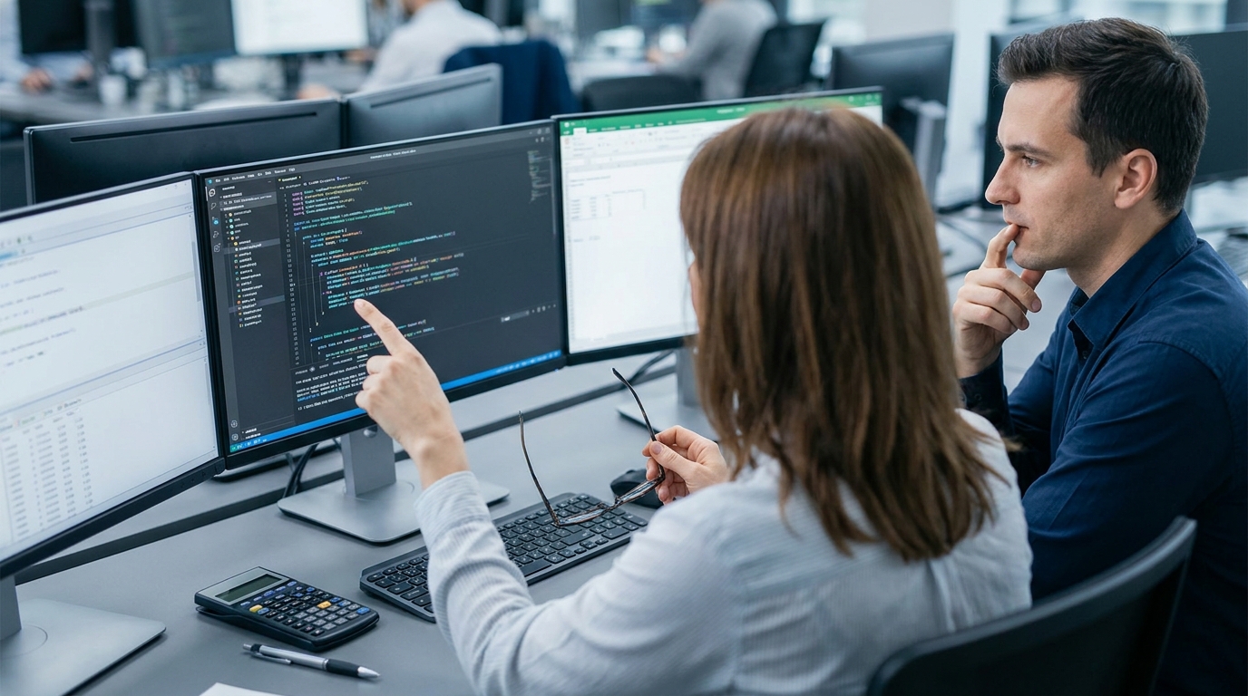 Um homem e uma mulher, ambos programadores, estão sentados lado a lado, trabalhando em frente a monitores de computador que exibem linhas de código, sugerindo a resolução de um erro 500. A mulher aponta para o monitor, enquanto o homem, pensativo, apoia o queixo na mão, evidenciando a concentração para solucionar o problema.