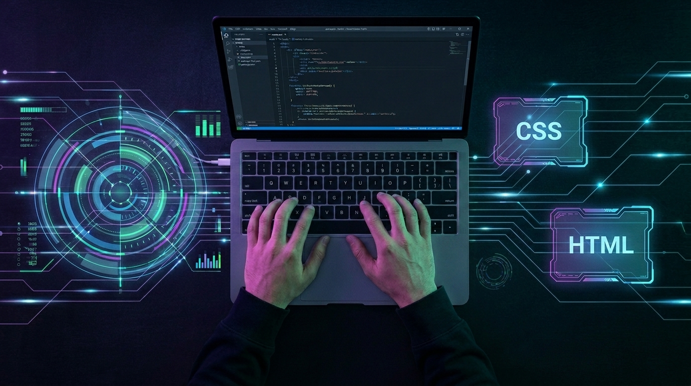 Mãos digitando em um laptop, com elementos de "Desenvolvimento de sites" como HTML e CSS flutuando digitalmente ao redor.