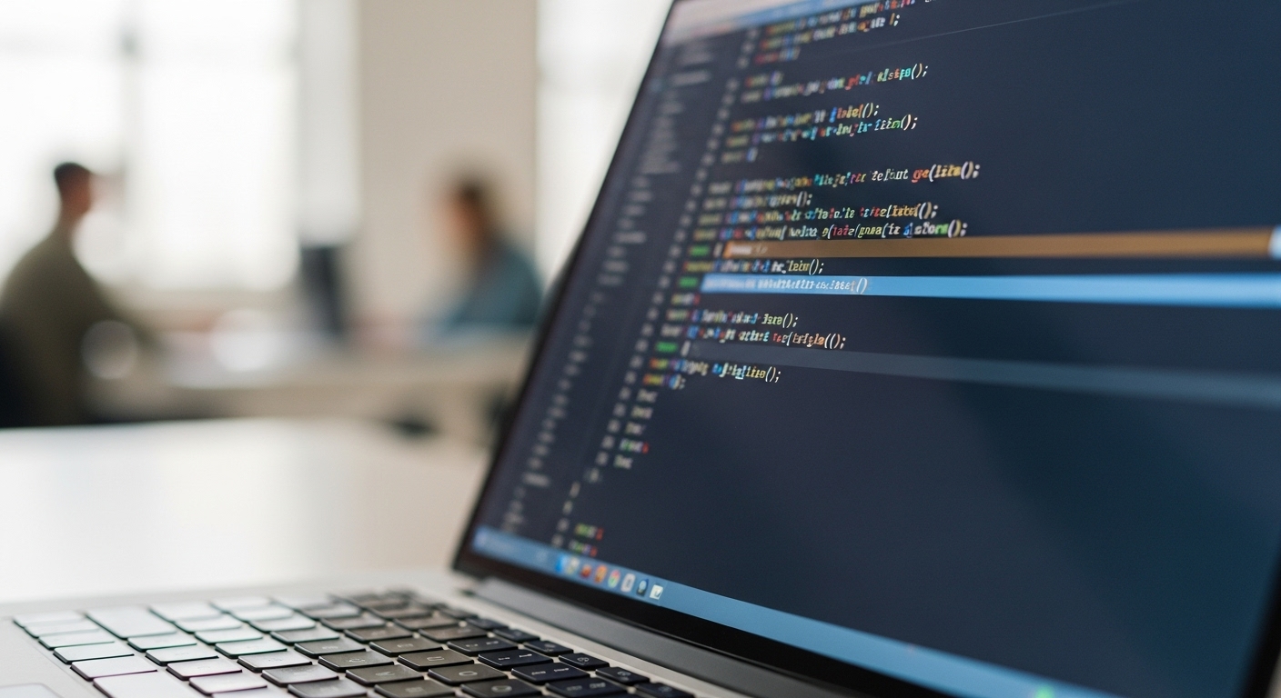 Um laptop aberto exibindo linhas de código em um editor de texto, com o foco na tela e o teclado em primeiro plano. Ao fundo, duas pessoas desfocadas trabalham em um escritório, sugerindo um ambiente de desenvolvimento de sites.