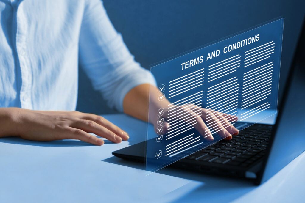 Pessoa montando os termos de uso de seu site com as mãos em um computador. Os termos de uso flutuando são simbólicos.