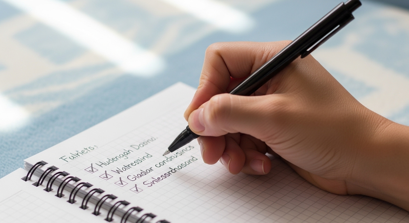 Uma mão escrevendo uma lista de tarefas em um caderno de anotações, com o objetivo de elaborar uma boa estratégia de Desenvolvimento de sites.