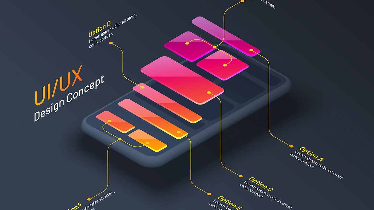 Conceito de UI/UX para Desenvolvimento de sites, com elementos de design flutuando ao redor de um smartphone genérico.