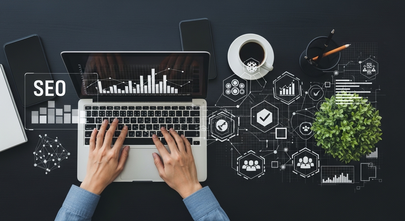 Duas mãos digitando em um laptop com gráficos e a palavra "SEO" em destaque, representando a otimização no Desenvolvimento de sites.