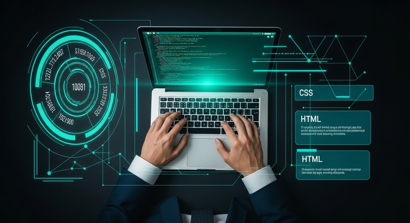 Mãos digitando em um laptop, com elementos de "Desenvolvimento de sites" como HTML e CSS flutuando digitalmente ao redor.