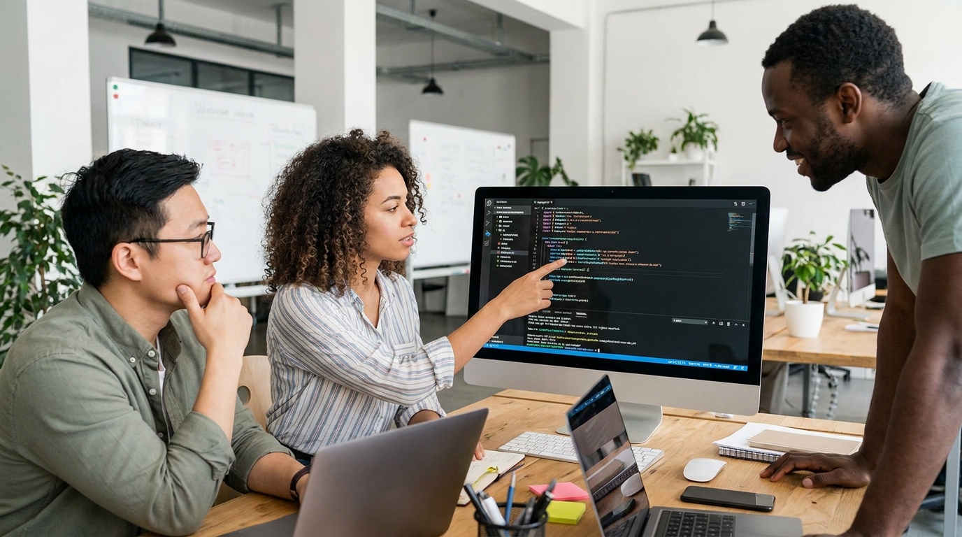Um grupo de três desenvolvedores, uma mulher e dois homens de diferentes etnias, colabora e aponta para a tela de um computador que exibe código-fonte. A mulher no centro aponta para o monitor, enquanto o homem com óculos ao lado dela apoia o queixo na mão, em atitude pensativa. A imagem representa o trabalho em equipe, a mentoria e o aprendizado de linguagens de programação.