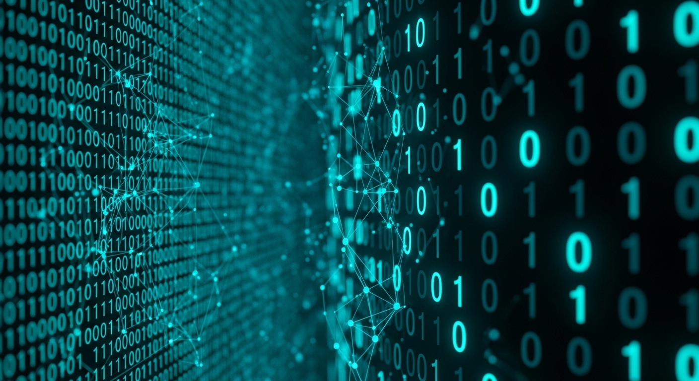 Uma representação abstrata e texturizada de código binário digital em tons de azul-turquesa sobre um fundo preto. Os números '0' e '1' preenchem o quadro com diferentes níveis de foco e profundidade, criando uma sensação de fluxo de dados. Uma sutil rede de pontos e linhas conecta alguns dos dígitos, simbolizando a complexidade e a interconexão das linguagens de programação.
