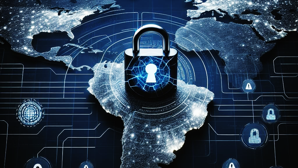 Uma representação digital do mapa-múndi escuro, com as áreas terrestres iluminadas por pontos de luz que simulam dados e conexões. Um grande cadeado digital e rachado está posicionado sobre o mapa da América do Sul, com um brilho azul em torno da fechadura danificada. Outros cadeados menores, alguns abertos e outros fechados, estão espalhados pela superfície do mapa, conectados por linhas digitais. A imagem ilustra a vulnerabilidade da superfície de ataque cibernético e os riscos de segurança de dados em uma escala global, com foco especial na América do Sul.