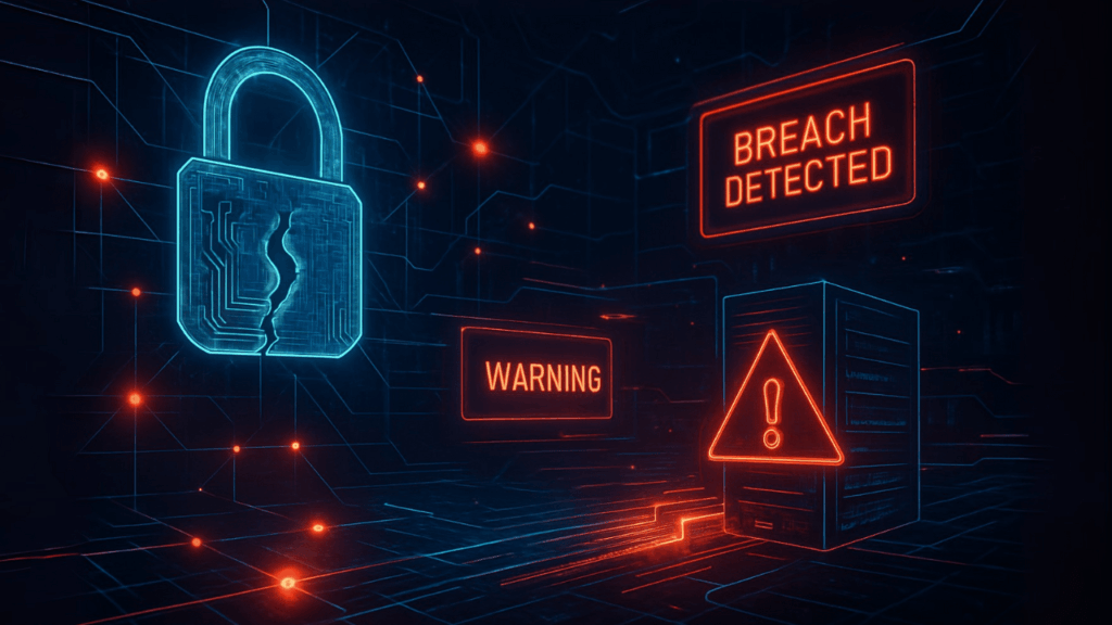 Uma representação digital de segurança cibernética com um cadeado virtual rachado em azul neon. Ao seu redor, avisos em neon vermelho brilham, incluindo um letreiro que diz "BREACH DETECTED" (Brecha Detectada) e "WARNING" (Aviso), além de um triângulo com um ponto de exclamação. Linhas e pontos de dados interconectados formam o fundo, simbolizando uma rede de computadores. A imagem ilustra uma falha em uma superfície de ataque cibernética, mostrando um sistema comprometido e a detecção de uma brecha.