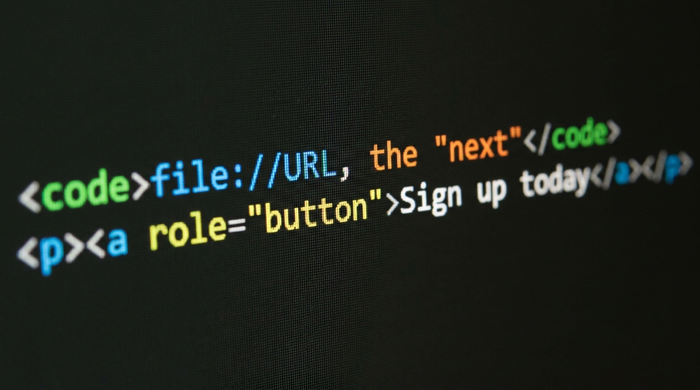 Aqui está a sugestão de texto alternativo para a imagem `Computer_screen_showing_HTML_code_202606111149.jpeg`:

**Texto Alternativo:**

> Close em uma tela escura de computador exibindo linhas de código HTML estruturadas com termos como "file://URL", "the next" e um elemento de parágrafo configurado com a função de botão e o texto "Sign up today". A imagem representa o desenvolvimento de páginas web e a estruturação de links para o rastreamento de **UTMs**.