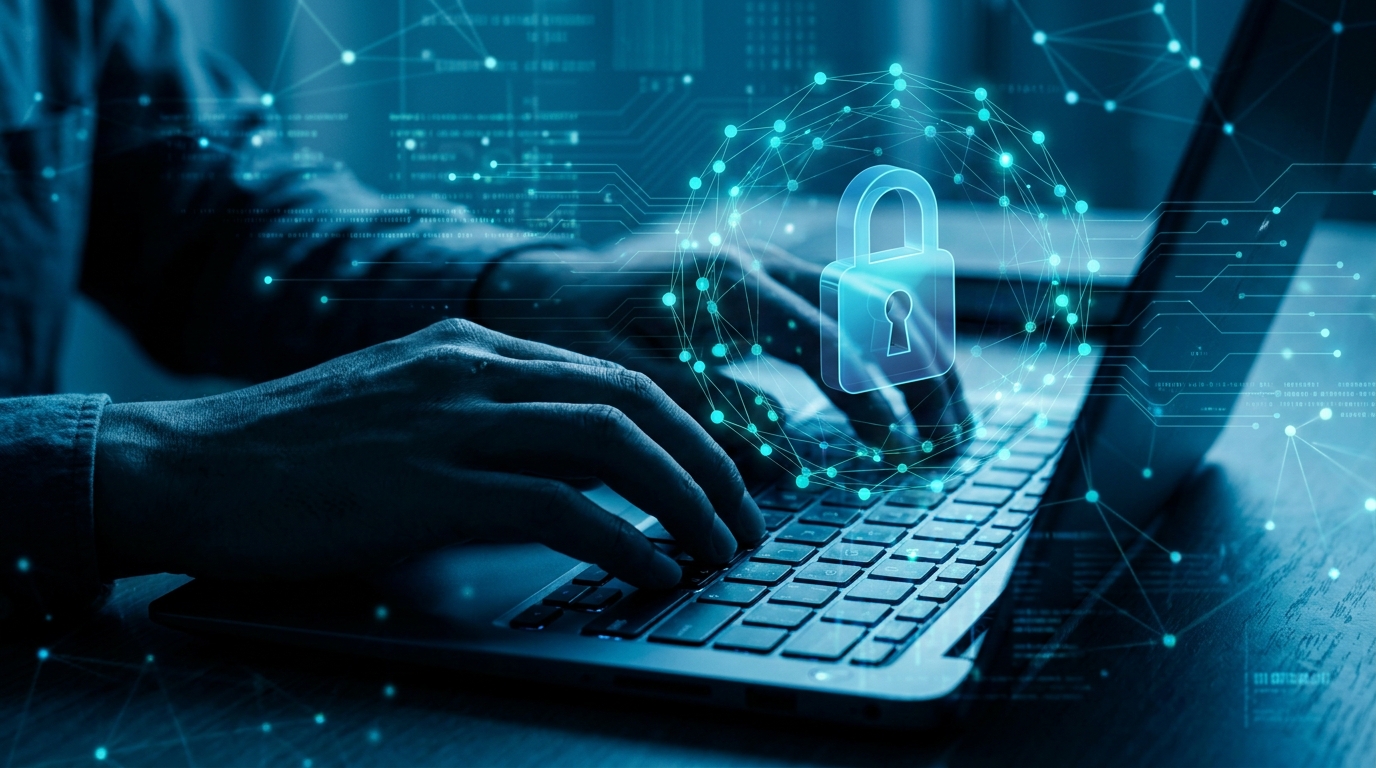 A imagem mostra uma pessoa digitando em um laptop. Flutuando acima do teclado, um cadeado digital em azul brilhante, envolto em uma esfera de linhas e pontos conectados, simbolizando uma rede de segurança. O fundo é uma representação do ciberespaço, com códigos binários em tons de azul escuro. A cena ilustra o conceito de proteger a superfície de ataque digital, com o cadeado representando a segurança cibernética e a rede, a complexidade do ambiente digital.