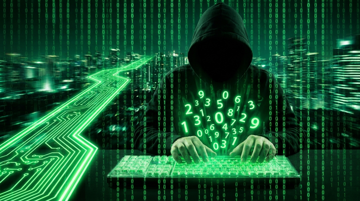 Uma figura sombria, vestindo um moletom com capuz, digita em um teclado holográfico. O rosto dela está obscurecido. Em primeiro plano, números e códigos digitais flutuam, enquanto o fundo mostra uma cidade futurista em tons de verde e preto, com linhas de código binário descendo. A imagem ilustra o conceito de uma vasta superfície de ataque cibernético e as ameaças digitais.
