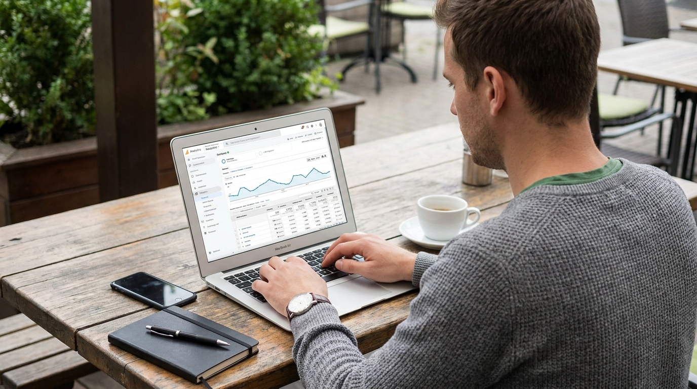 Um homem sentado em uma mesa de madeira, digitando em um laptop enquanto analisa gráficos e relatórios de dados de tráfego. Um pico no gráfico de visitas mostra o efeito de uma campanha específica usando UTMs.