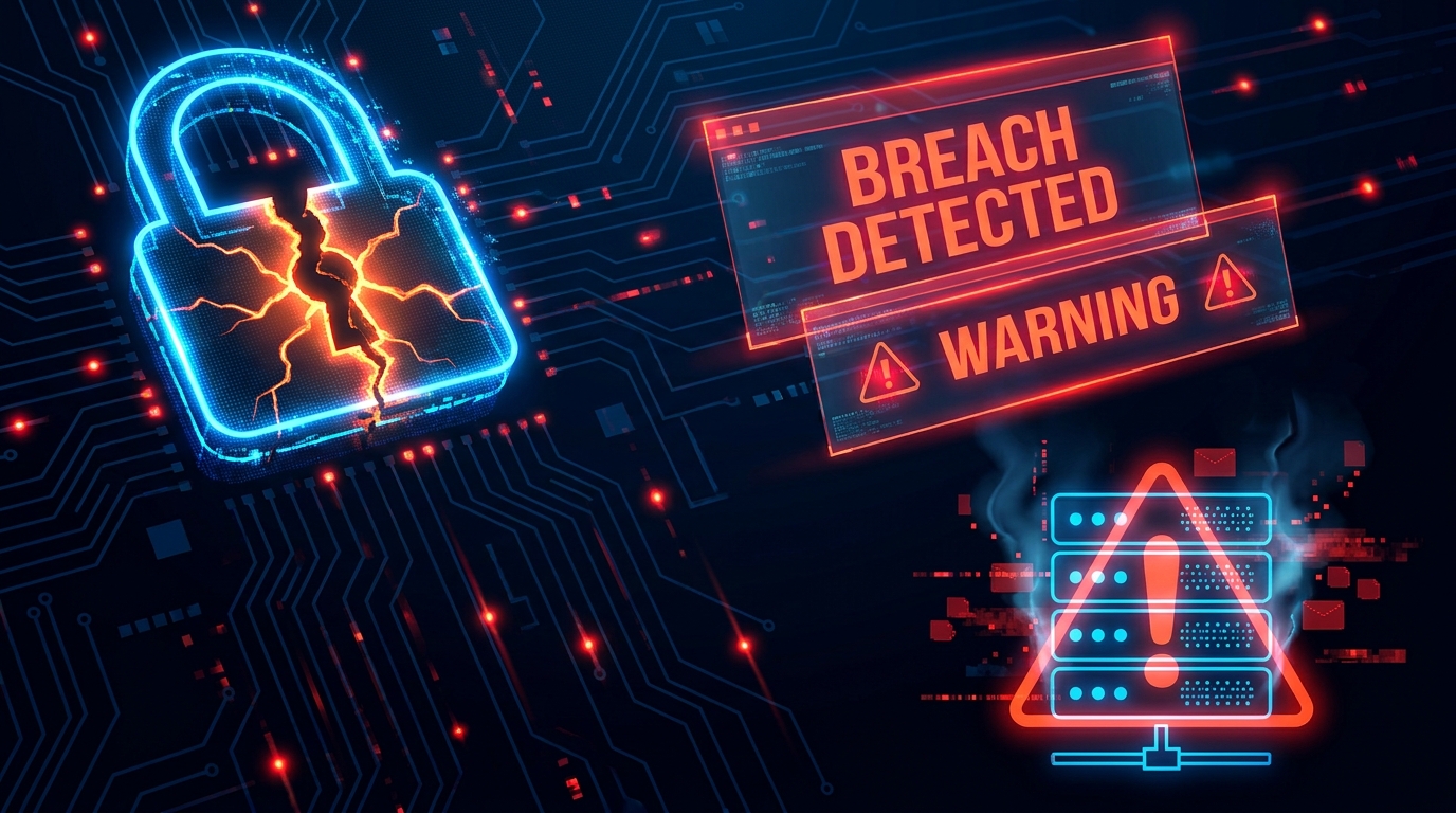 Uma representação digital de segurança cibernética com um cadeado virtual rachado em azul neon. Ao seu redor, avisos em neon vermelho brilham, incluindo um letreiro que diz "BREACH DETECTED" (Brecha Detectada) e "WARNING" (Aviso), além de um triângulo com um ponto de exclamação. Linhas e pontos de dados interconectados formam o fundo, simbolizando uma rede de computadores. A imagem ilustra uma falha em uma superfície de ataque cibernética, mostrando um sistema comprometido e a detecção de uma brecha.