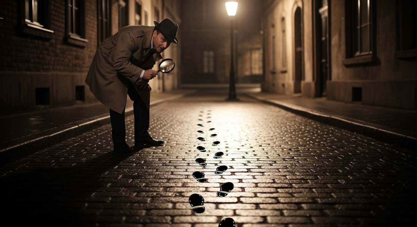 Um detetive, usando um chapéu e um sobretudo, inclina-se em uma rua escura e de paralelepípedos, segurando uma lupa para examinar uma trilha de pegadas brilhantes. A imagem é uma metáfora visual de como as UTMs permitem rastrear o caminho dos usuários em um site.