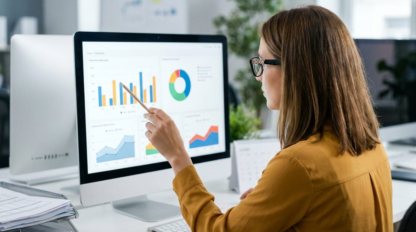 Uma mulher de óculos, com uma blusa amarela, aponta para gráficos e relatórios de dados em um monitor de computador. A imagem representa a análise do desempenho de campanhas de marketing, usando as informações fornecidas por UTMs.