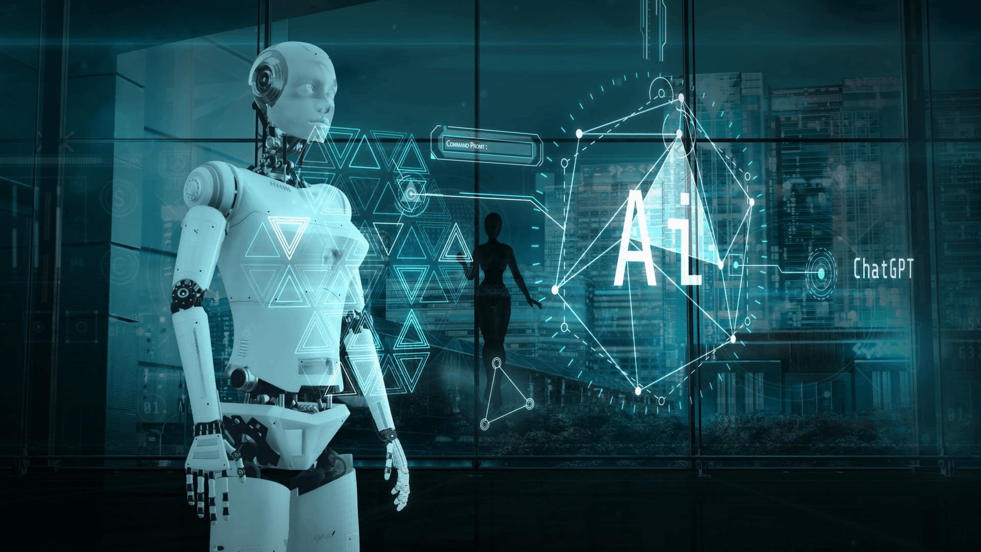 Um robô humanoide branco (estilo andróide) em um ambiente futurista de escritório, com uma tela de interface de usuário digital exibindo os termos 'AI' e 'ChatGPT' e uma caixa de texto de 'Command Prompt', simbolizando o ato de usar a Injeção de Prompts para interagir e potencialmente manipular sistemas de inteligência artificial avançada.