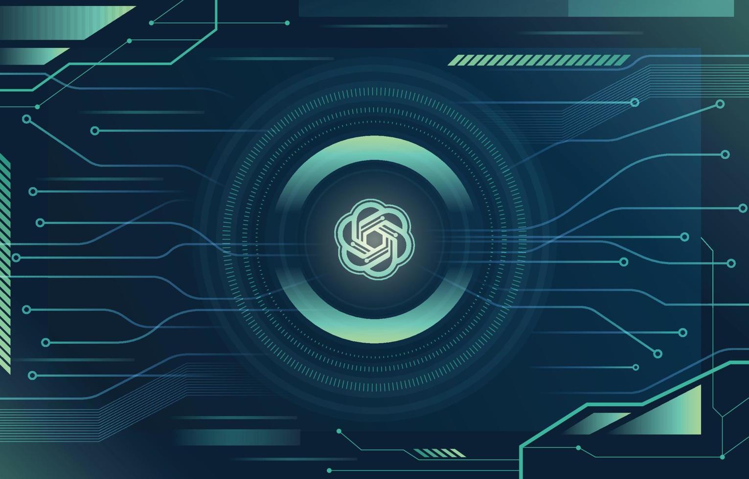 Ilustração digital futurista e tecnológica que representa o conceito de Inteligência Artificial e o Chat GPT. No centro, está o logotipo estilizado do ChatGPT (uma forma geométrica que se assemelha a um nó ou flor), circundado por anéis concêntricos luminosos em tons de ciano e verde-água. Ao redor, há linhas e padrões que simulam circuitos eletrônicos ou trilhas digitais em um fundo escuro e azul-marinho.