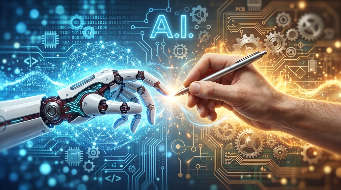 Uma mão humana segura uma caneta, apontando para a mão robótica contra um fundo escuro com elementos de circuitos e luzes digitais, com o texto "A.I." visível. Ilustra o ato de orientar ou fornecer um prompt à inteligência artificial.