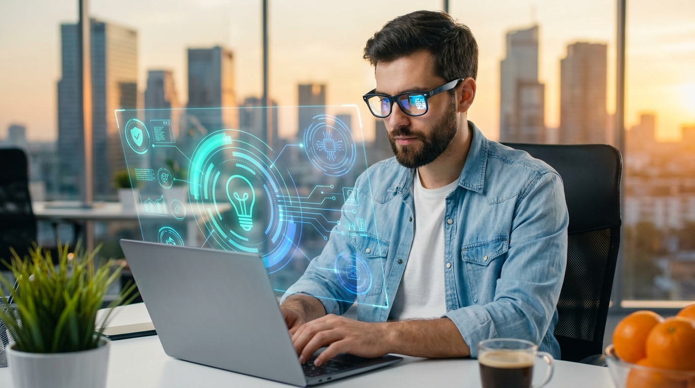 Jovem usando óculos e camisa jeans, trabalhando em um notebook em um ambiente doméstico (cozinha), com sobreposição de elementos holográficos de interface de usuário (UI), gráficos e dashboards de dados. Representa o trabalho remoto e a implementação de automação de marketing e análise de dados.