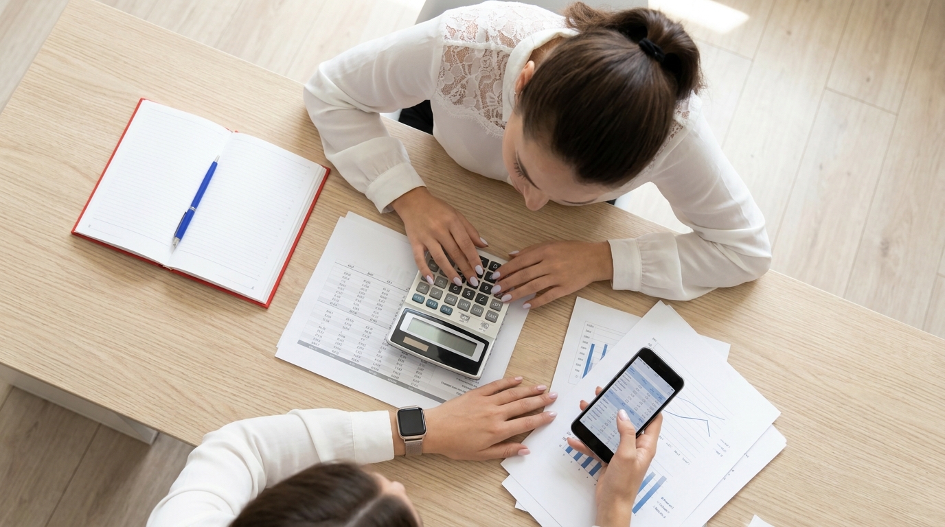 Close-up de uma mulher em uma mesa de escritório, usando uma calculadora para finanças e segurando um smartphone, com um caderno de anotações aberto ao lado. Representa o cálculo de métricas de performance e ROI (Retorno sobre Investimento) da automação de marketing.