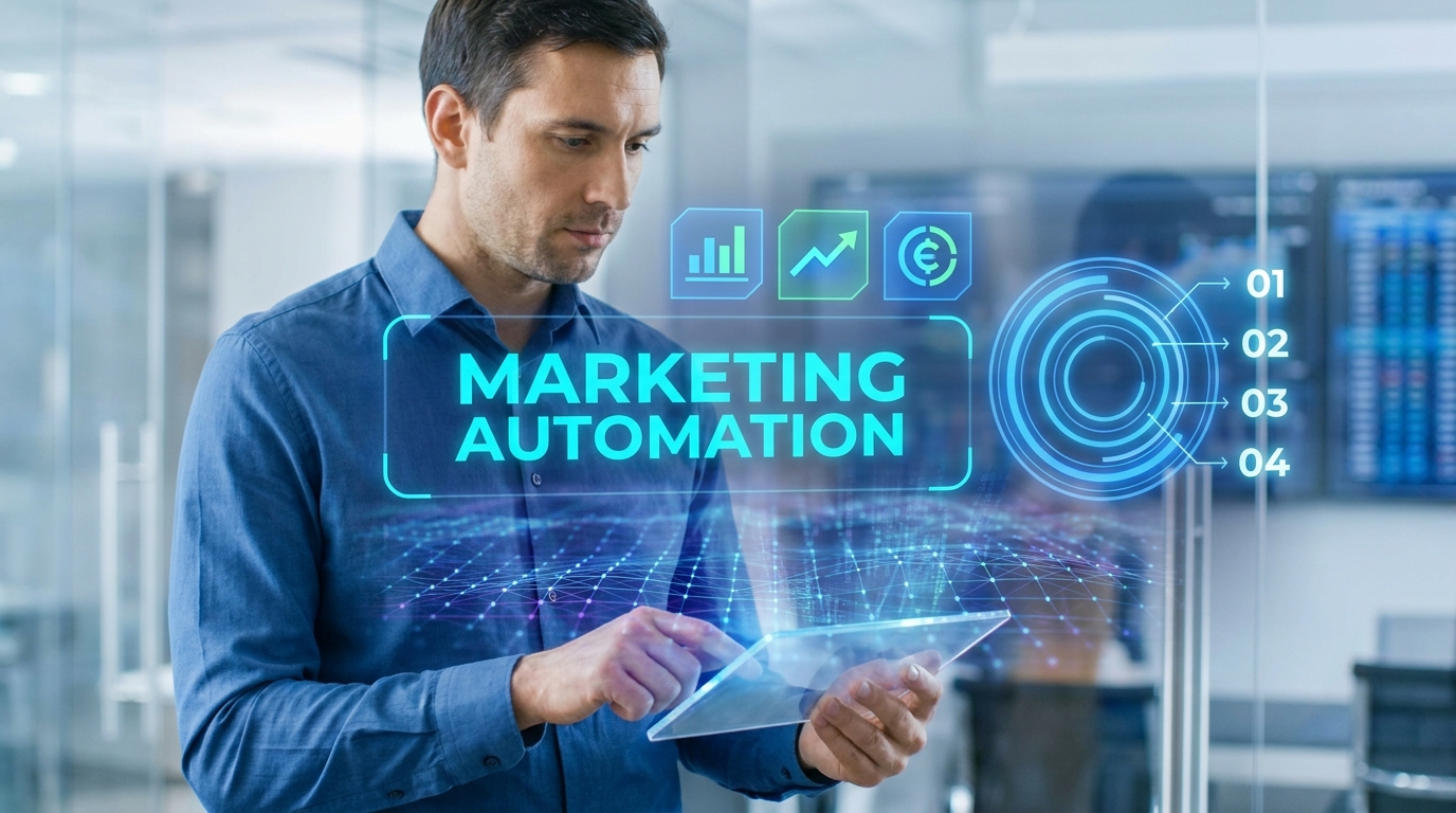 Uma pessoa segurando um tablet holográfico que exibe em letras grandes a frase "MARKETING AUTOMATION". Gráficos de dados, indicadores de performance e ícones de dinheiro (ROI) flutuam acima da tela. Representação futurista da automação de marketing e análise de resultados.