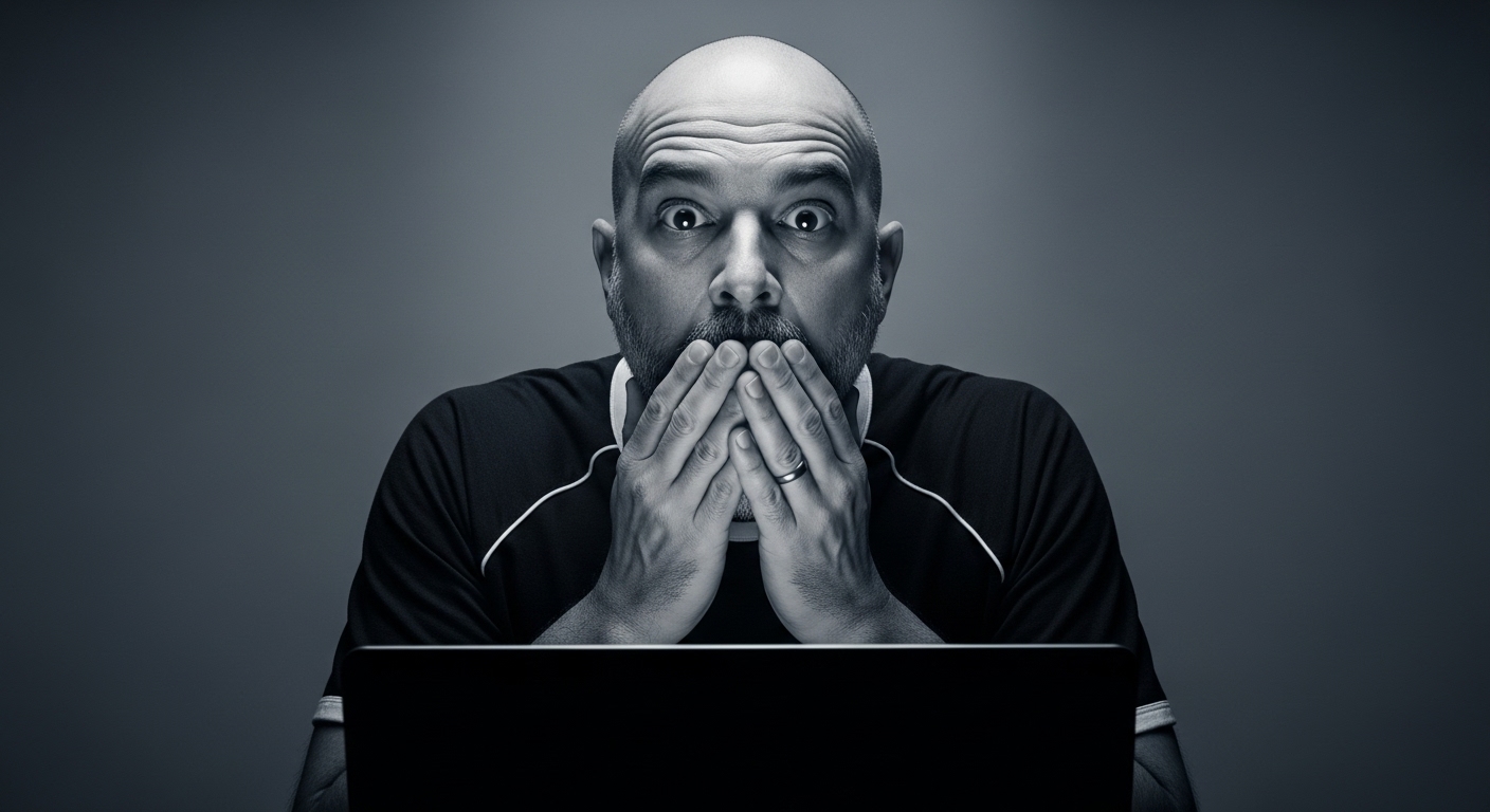 Foto em preto e branco (ou tons de cinza) de um homem calvo e barbudo, de meia-idade, com uma expressão de choque, espanto ou surpresa intensa. Ele está com os olhos arregalados e as mãos cobrindo a boca. A imagem capta a reação de alguém ao ver algo impressionante ou inesperado, como o desempenho ou a capacidade do Chat GPT em uma tela de notebook preta que está na frente dele. A iluminação dramática realça o choque no rosto.