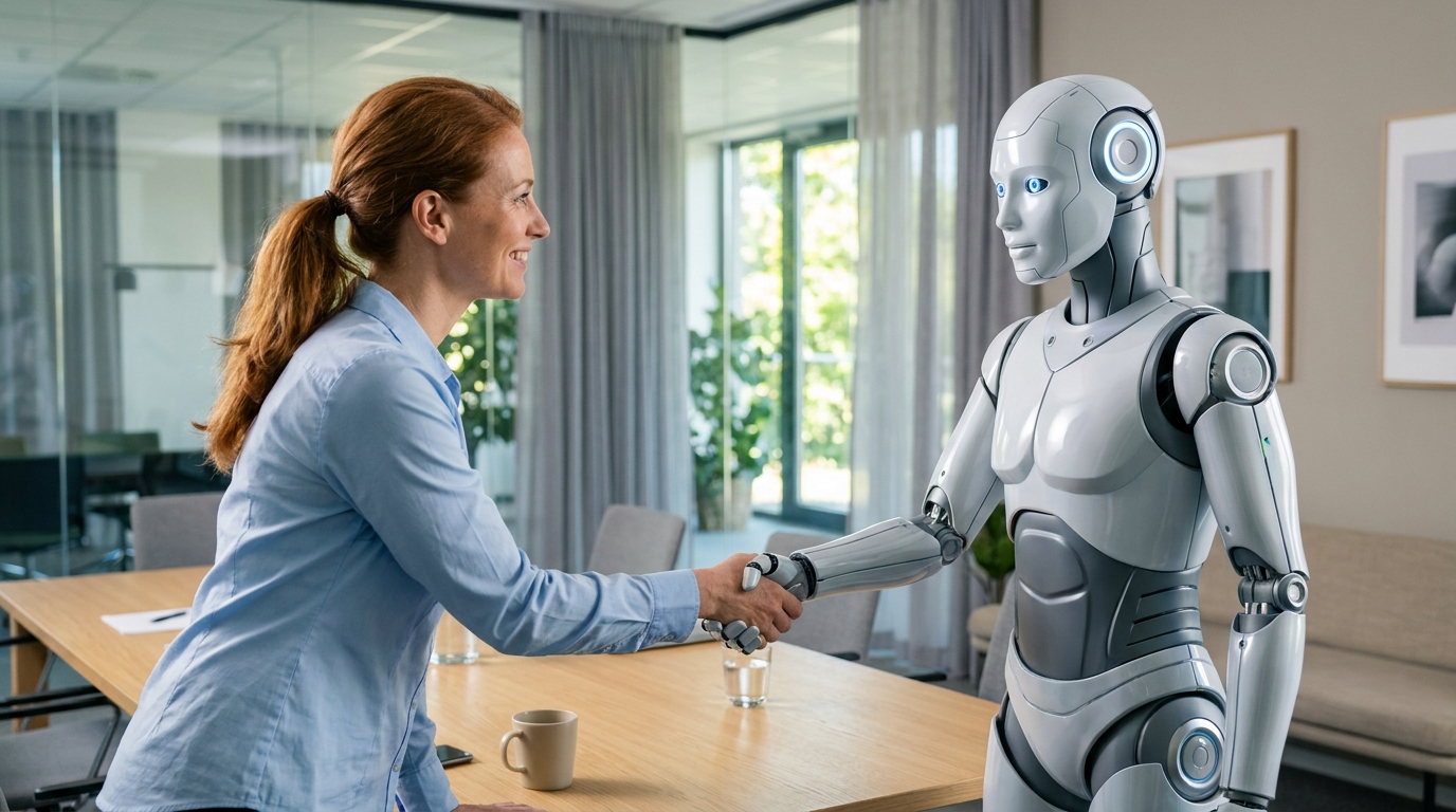 Uma mulher sorridente em uma camisa azul faz um "soquinho" (fist bump) com um robô humanoide branco que está sentado em frente a um laptop. A imagem representa uma parceria amigável e bem-sucedida entre humanos e IA/robôs, possivelmente resultando de prompts colaborativos.