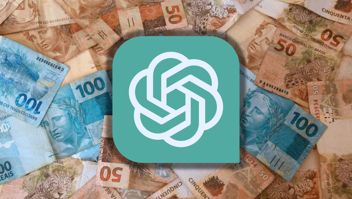 O logotipo do Chat GPT (um design geométrico estilizado que lembra um nó ou flor, em branco sobre um fundo quadrado arredondado de cor verde-água) é sobreposto a um fundo composto por várias cédulas de dinheiro brasileiro (Reais), especificamente notas de 100 e 50. A imagem simboliza a relação entre a Inteligência Artificial, representada pelo Chat GPT, e o potencial financeiro, monetização ou impacto econômico no Brasil.