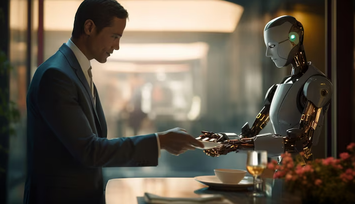 Um homem elegantemente vestido entrega algo a um robô humanoide garçom em um restaurante de luxo. A cena ilustra a interação humana com a IA em um cenário de serviço, possivelmente via comandos ou prompts.