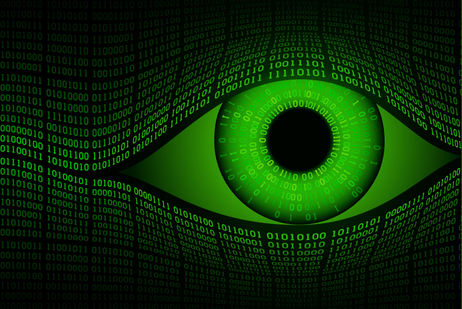 Olho verde digital em uma matriz de código binário, simbolizando vigilância ou espionagem cibernética. Este risco reforça a importância de tapar sua webcam.