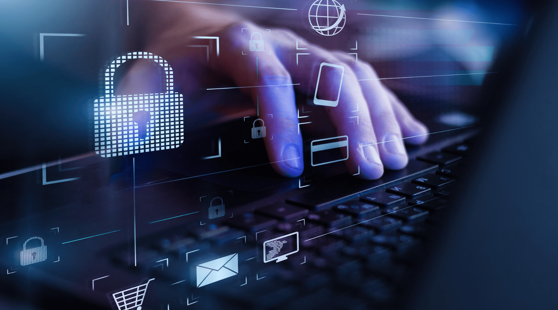 Mão de um usuário digitando em um laptop com uma sobreposição gráfica de um grande cadeado digital, ícones de cartão de crédito e dispositivos móveis. Sugere a proteção de ativos digitais e a importância de habilidades para ganhar dinheiro hackeando eticamente em auditorias de segurança.