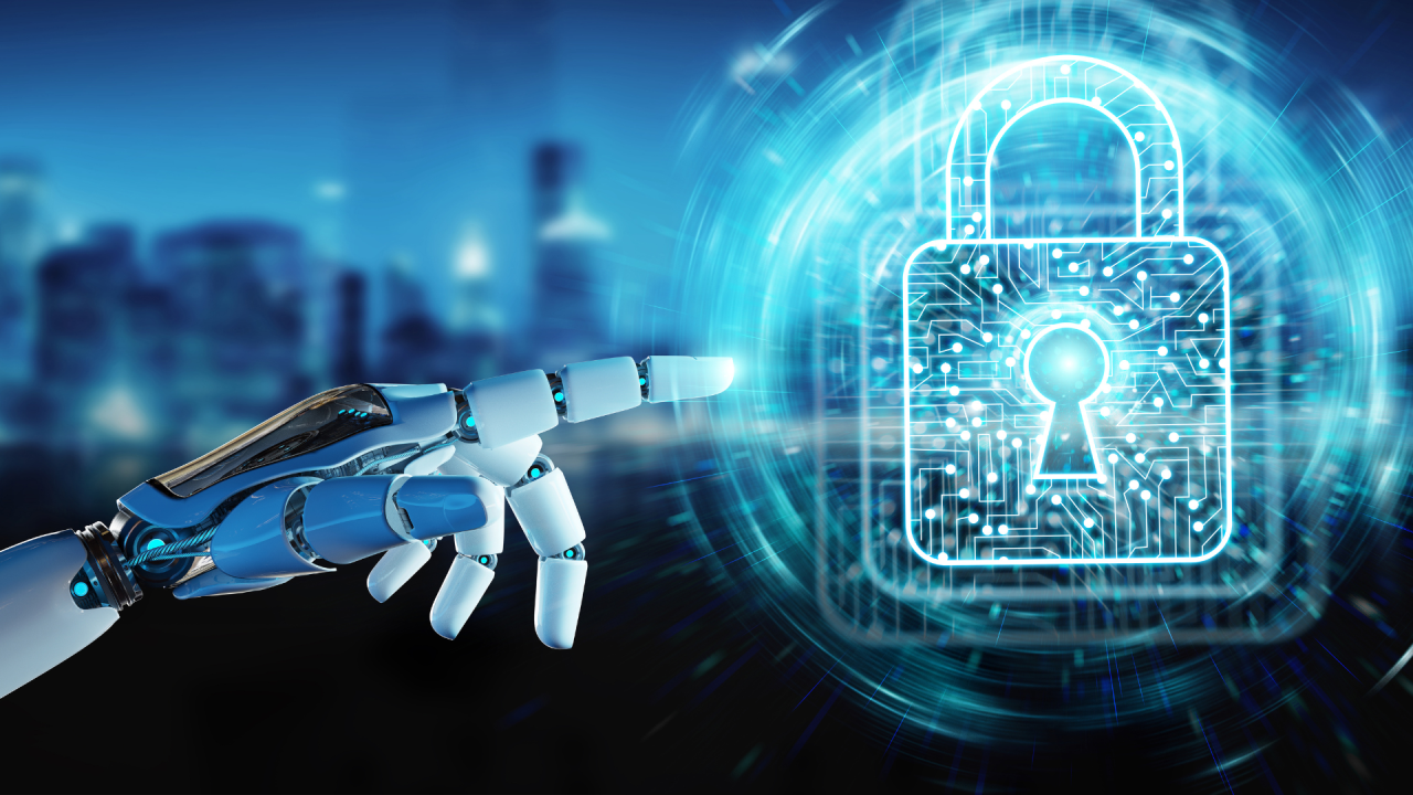 Uma mão robótica aponta para um cadeado digital brilhante com circuitos, representando a aplicação de inteligência artificial para automatizar scans de segurança e reforçar a proteção digital.