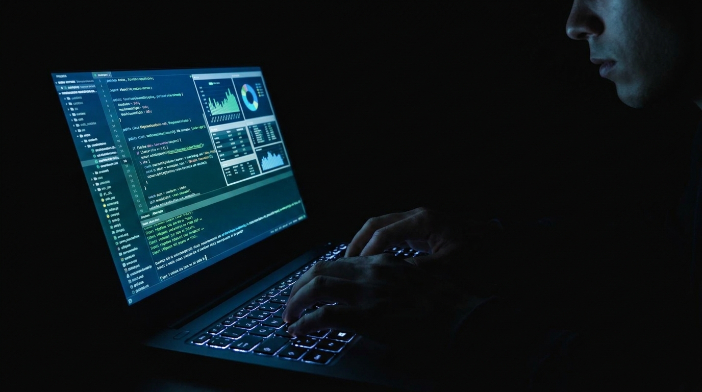 Visão em primeira pessoa de mãos com luvas digitando em um laptop com código azul brilhante na tela, simbolizando a necessidade de automatizar scans de segurança e monitoramento de ameaças.