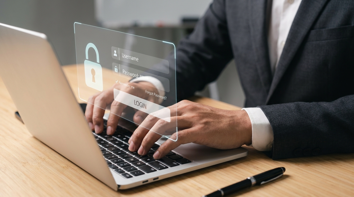 Mãos de um homem de negócios digitando em um laptop com uma sobreposição digital de uma tela de login (usuário, senha e botão "LOGIN"). Ilustra a segurança do acesso e a importância de automatizar scans para proteger informações de login.