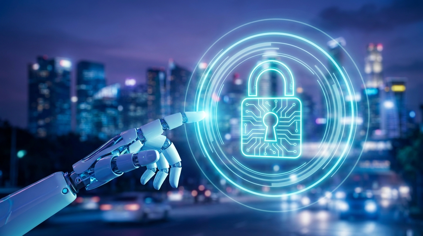 Uma mão robótica aponta para um cadeado digital brilhante com circuitos, representando a aplicação de inteligência artificial para automatizar scans de segurança e reforçar a proteção digital.