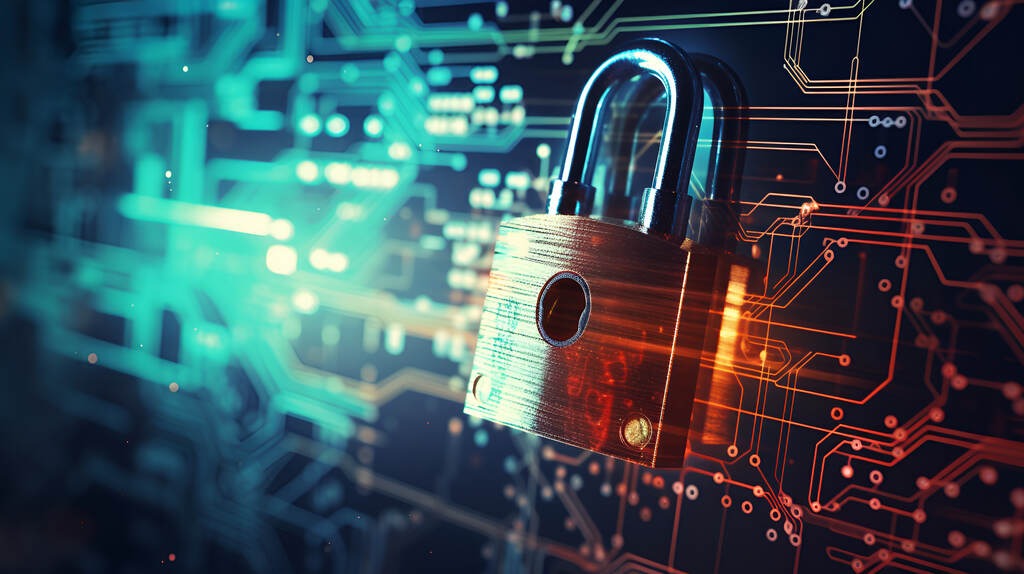 Um cadeado metálico em um ambiente digital e cibernético com circuitos iluminados, simbolizando a segurança de dados e a proteção contra invasões. O cadeado digital complementa a segurança física de tapar sua webcam.