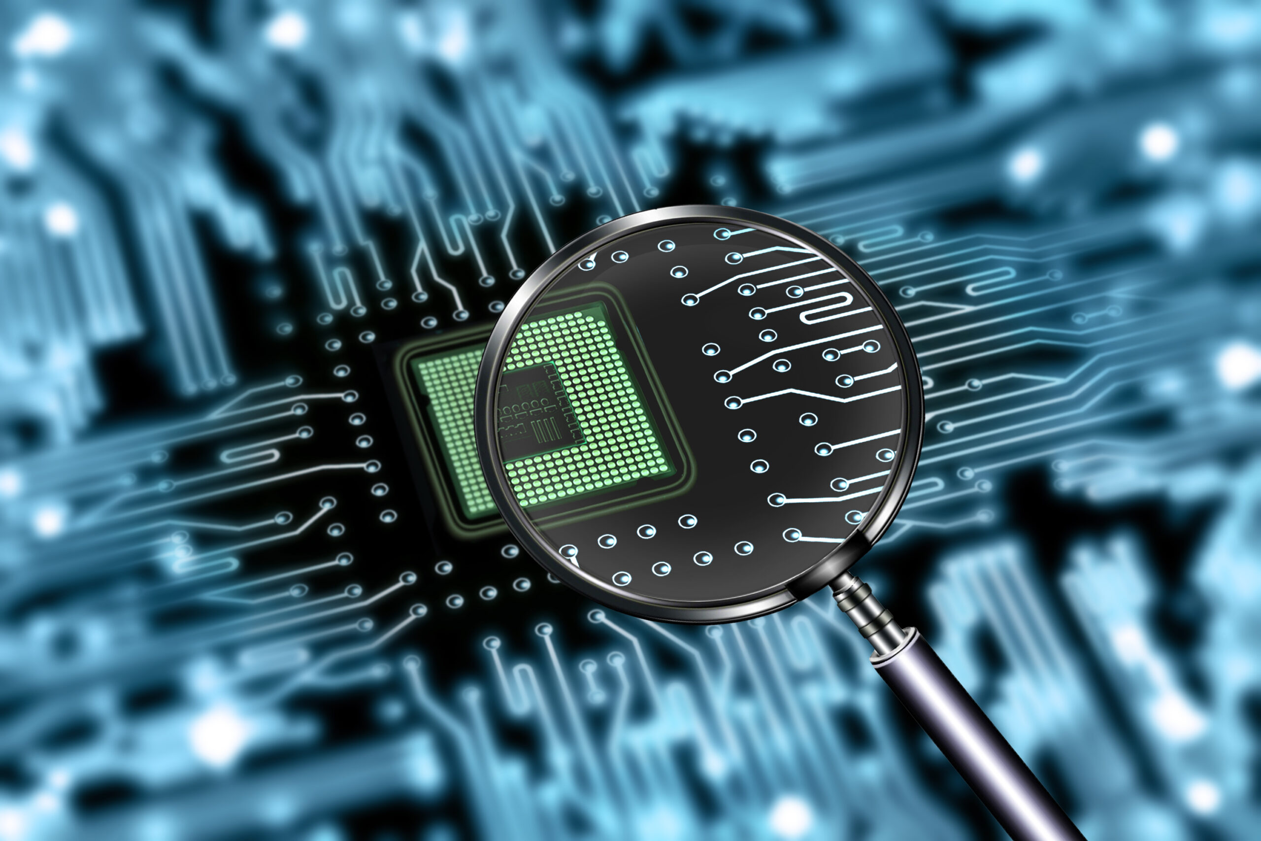 Uma lupa focaliza um microchip verde brilhante inserido em uma placa de circuito (hardware). O visual remete à análise aprofundada de sistemas e hardware, uma habilidade essencial para ganhar dinheiro hackeando ou realizando perícias.
