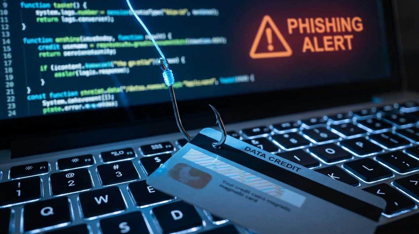 Close em um cartão de crédito sendo "pescado" por um anzol metálico sobre um teclado de computador, ilustrando o roubo de dados financeiros em um ataque de phishing.