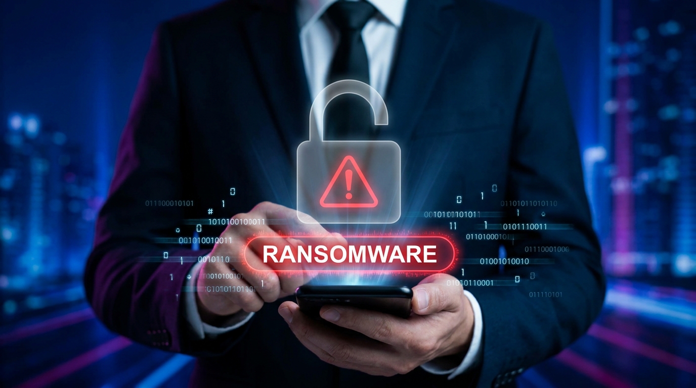 Mãos segurando um smartphone que exibe um ícone de cadeado vermelho com um triângulo de alerta, representando o bloqueio ou invasão de um dispositivo após um ataque de phishing.